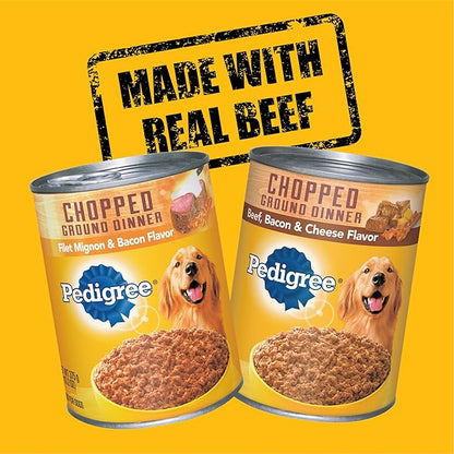 PEDIGREE CHOPPED GROUND DINNER Adult Canned Soft Wet Dog Food, Variety Pack, Filet Mignon & Bacon Flavor and Beef, Bacon & Cheese Flavor, (12) 13.2 oz. Cans