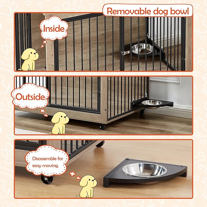 Okak Dog Crate Furniture Side Table Wooden Dog Crate With Rotatable Feeding Bowl on Casters Heavy-Duty Dog Kennel Indoor for Medium/Large Dog Opening,Grey,43.7"W