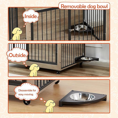 Okak Dog Crate Furniture Side Table Wooden Dog Crate With Rotatable Feeding Bowl on Casters Heavy-Duty Dog Kennel Indoor for Medium/Large Dog Opening,Grey,43.7"W