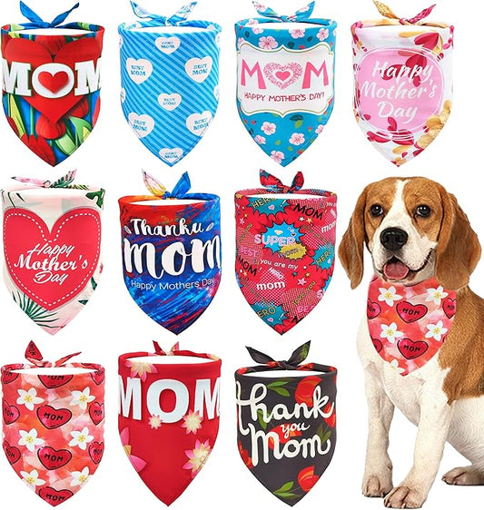 10PCS Mother’s Day Dog Bandanas “Best Mom” “Super Mom” “ I Love Mom” “ Happy Mother’s Day” Pink Blue Yellow Tie Dye Floral for Girl Boy Small Medium Puppy Doggie Grooming Accessories