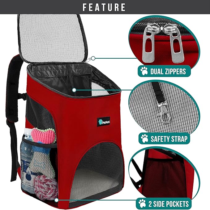 PetAmi Small Dogs and Cat Backpack Carrier, Airline Approved Pet Backpack Carrier, Ventilated, Safety Strap, Buckle Support Designed for Hiking Travel Camping Outdoor, Max 18 lbs (Red)