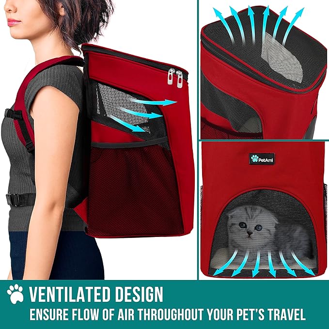 PetAmi Small Dogs and Cat Backpack Carrier, Airline Approved Pet Backpack Carrier, Ventilated, Safety Strap, Buckle Support Designed for Hiking Travel Camping Outdoor, Max 18 lbs (Red)