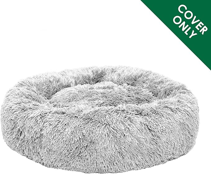 Furhaven Replacement Donut Dog Bed Cover Plush Long Faux Fur Calming Cuddler, Machine Washable - Misty Gray, Large