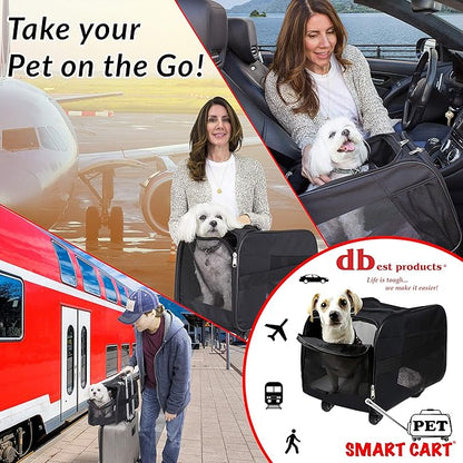 Pet Smart Cart, Large, Black, Rolling Carrier with wheels soft sided collapsible Folding Travel Bag, Dog Cat Airline Approved Tote Luggage backpack