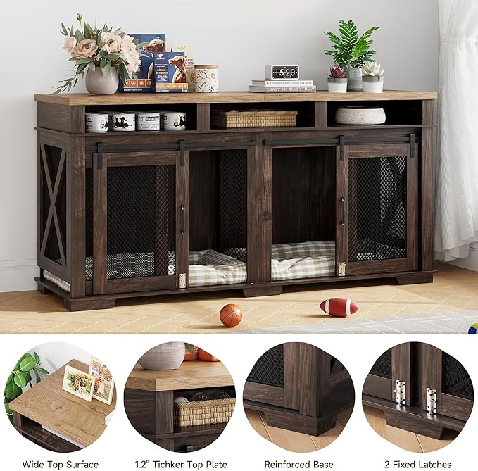 Dog Crate Furniture 71" Heavy 3 Storage 2 Dogs, 2 Sliding