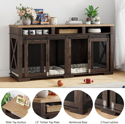 Dog Crate Furniture 71" Heavy 3 Storage 2 Dogs, 2 Sliding