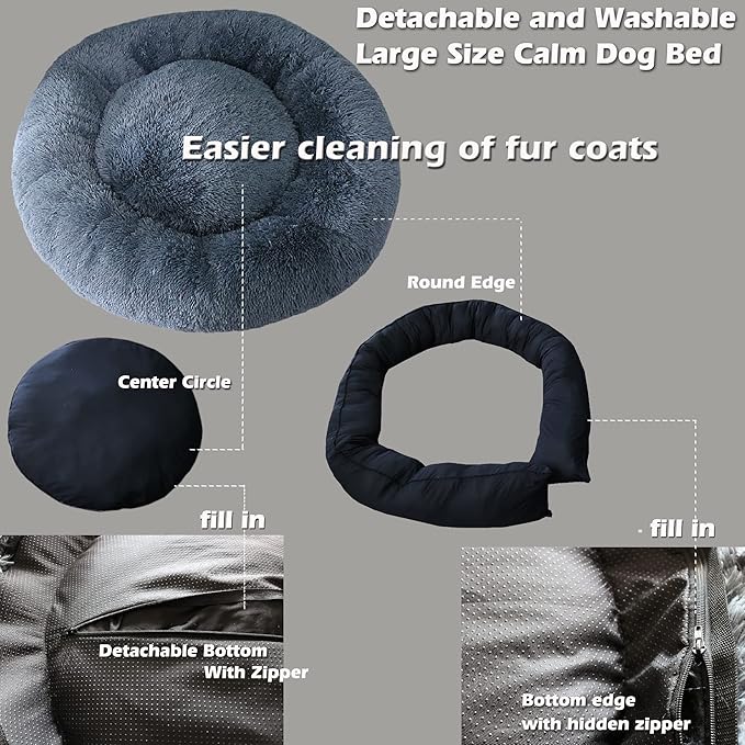 Dog Beds for Extra Large Dogs Calming Dog Bed Washable Fluffy Anti-Anxiety Round Pet Bed 45 Inches Detachable Dog Bed