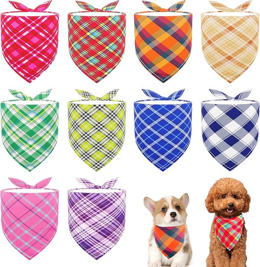 10PCS Dog Bandanas Plaid for XS Small Doggie Puppy Kerchief Washable Triangle Bibs Head Scarves Scarfs for Boys and Girls Grooming Accessories