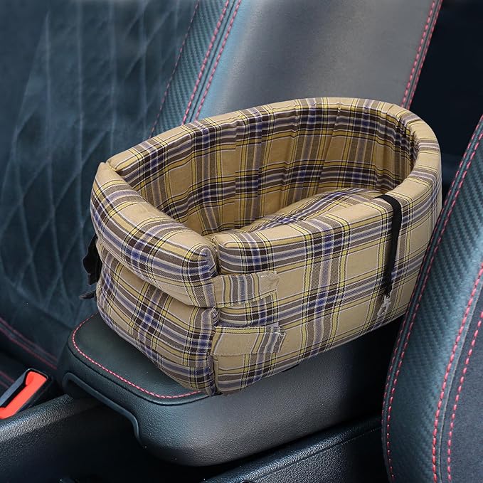 X AUTOHAUX Large Plaid Style Dog Car Seat Adjustable Straps for Medium Small Sized Puppy Cat Seat Pets Soft Non Slip Bottom Travel Bed Beige Yellow