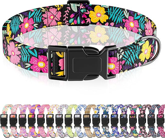 Dog Collar, Cute Floral Puppy Collar for Boys Girls Small Medium Large Dogs, Adjustable Soft Pet Collar Fancy Floral with Quick Release Buckle for Males Females, Black Floral,S