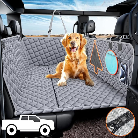 XL Dog Car Back Seat Cover for Trucks, Truck Bed Extender with 6 Foldable Boards, Pet Backseat Hammock Hard Bottom Waterproof for Full Size Crew Cab Car Like F150 RAM 1500, Silverado, Gray