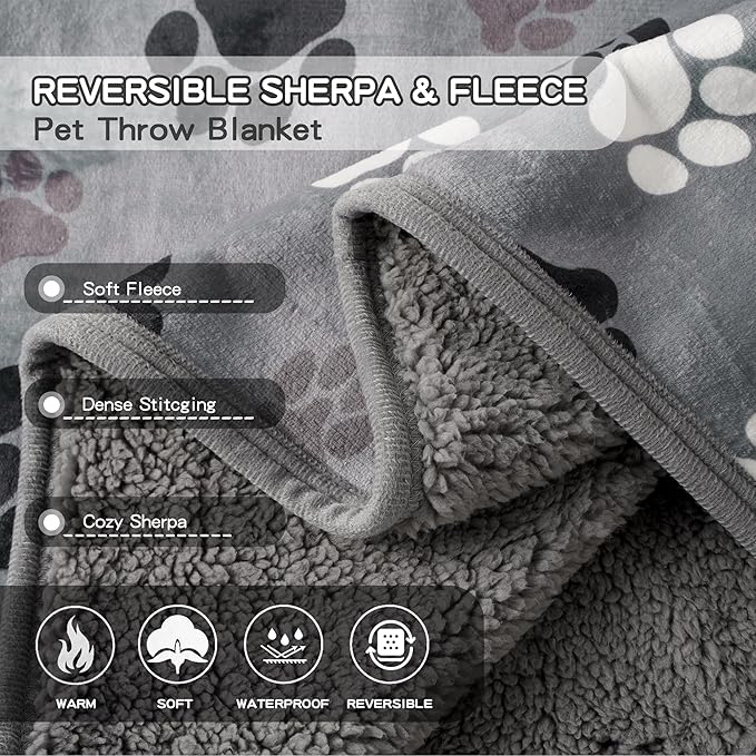 Waterproof Dog Blankets Pet Blanket 50"x60", Soft Fluffy Sofa Car Bed Protector, Reversible Sherpa Fleece Dog Blanket for Large Dogs (Dark Grey-Paws)