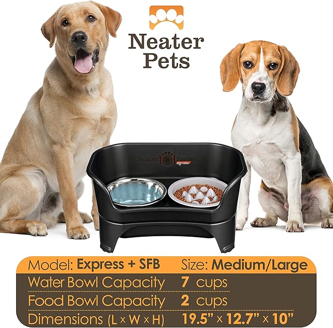 Neater Feeder - Express Model w/Niner 9 Peak Slow Feed Bowl - Mess-Proof Dog Bowls (M/L, Black) - Made in USA – Elevated, No Spill, Non-Tip, Non-Slip, Raised Food/Water Pet Bowls Aid Digestion