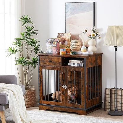 Okak Dog Crate Furniture Style Dog Cage Side Table With Drawers Wooden Dog Crate With Double Sliding Iron Doors Dog Kennel Indoor For Medium/Large Dog Brown,32.28" L