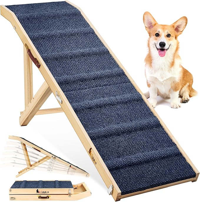 𝟮𝟬𝟮𝟰 𝐔𝐩𝐠𝐫𝐚𝐝𝐞𝐝 Dog Ramp for Bed, 64" Long Foldable Pet Ramp for Small Large Dogs Cats, Dog Ramps for High Beds Car, High Traction with Platform 6 Adjustable Heights 24" to 30" Up to 220LBS