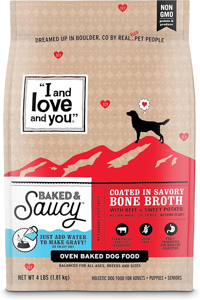 I AND LOVE AND YOU Baked and Saucy Dry Dog Food - Beef + Sweet Potato - Prebiotic + Probiotic, Real Meat, Grain Free, No Fillers, 4lb Bag