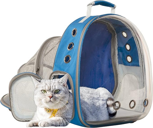 Cat Backpack Carrier Bubble, Cat Dog Bookbag Carrier, Airlined Approved Dome Bag for Traveling Hiking Camping (Expandable blue)