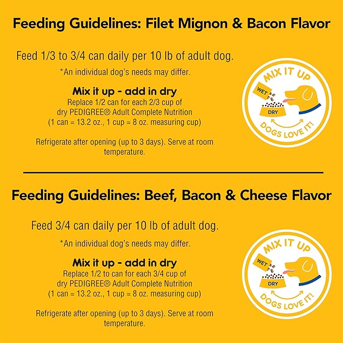 PEDIGREE CHOPPED GROUND DINNER Adult Canned Soft Wet Dog Food, Variety Pack, Filet Mignon & Bacon Flavor and Beef, Bacon & Cheese Flavor, (12) 13.2 oz. Cans