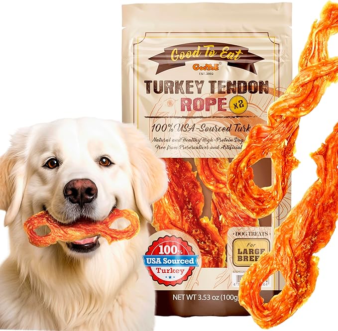 Gootoe Turkey Tendon Dog Treats – 100% USA-Sourced, Natural Snack, Premium Training Chews, Hypoallergenic, Reseal Value Bags, Size for Large Dogs, Rope (Large) 2 Unit/Pack