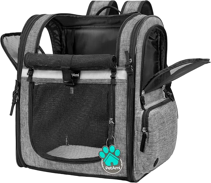 PetAmi Dog Backpack Carrier for Small Large Cat, Pet, Puppies, Ventilated Pet Hiking Backpack Travel Bag, Airline Approved Cat Backpack Carrier, Safety Back Support, Camping Biking, Max 18 lbs, Grey