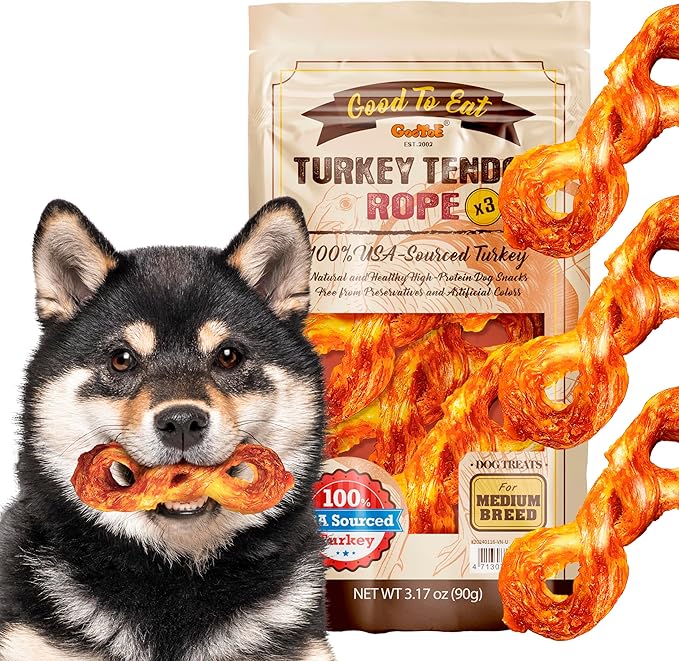 Gootoe Turkey Tendon Dog Treats – 100% USA-Sourced, Natural Snack, Premium Training Chews, Hypoallergenic, Reseal Value Bags, Size for Medium Dogs, Rope (Medium) 3 Unit/Pack