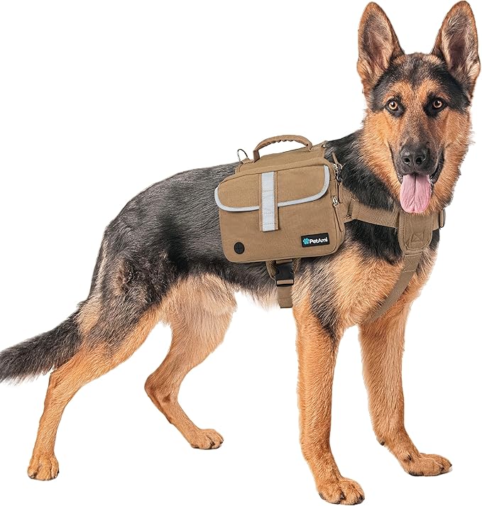 PetAmi Dog Backpack for Medium Large Dogs, Dog Saddle Bag for Dogs to Wear, Tactical Harness Saddlebag with Reflective Safety Side Pockets for Hiking, Camping, Vest Dog Pack for Travel (Tan, Large)