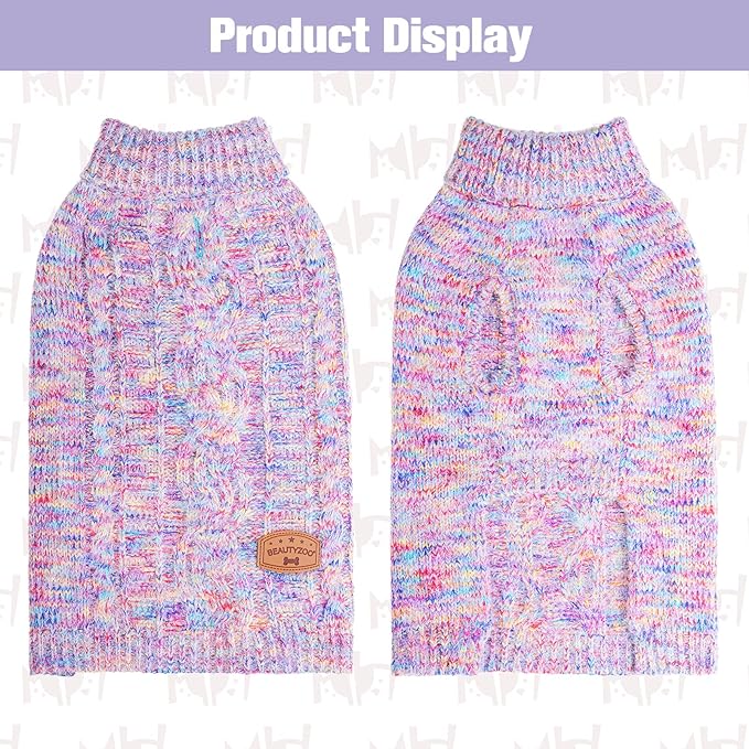 BEAUTYZOO Small Dog Sweater -Turtleneck Pullover Classic Cable Knit Fuzzy Winter Coat Dog Cold Weather Clothes for Small Medium Dogs Puppy Girl Boys(Rainbow Pink, S/M)