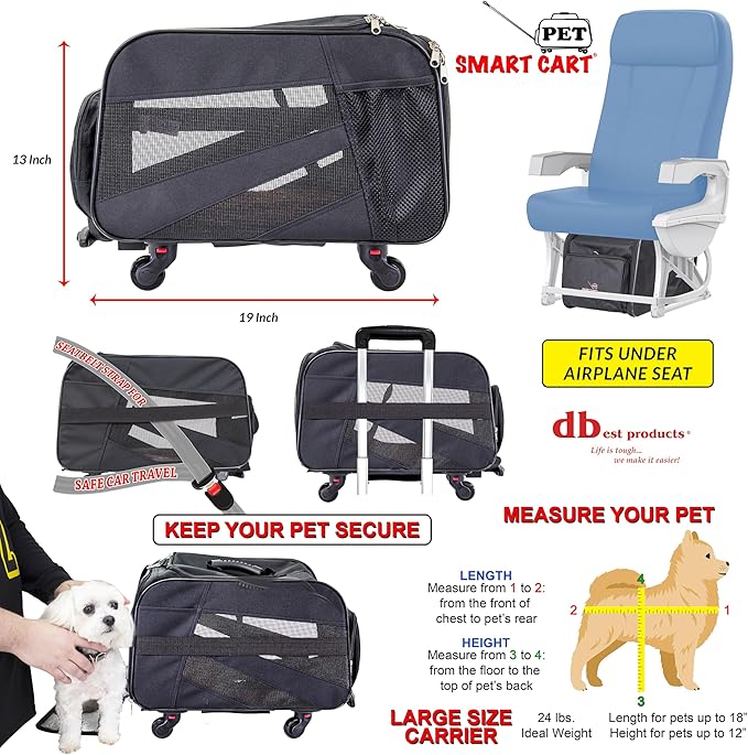 dbest products Pet Smart Cart, Medium, Black, Rolling Carrier with wheels soft sided collapsible Folding Travel Bag, Dog Cat Airline Approved Tote Luggage backpack