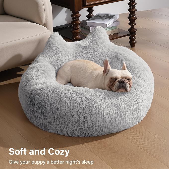 Westen Home Calming Dog Bed Medium Size Dog - Donut Washable Medium Dog Bed, 30 inches Anti-Slip Round Fluffy Plush Dog Bed, Fits up to 45 lbs Pets, Light Grey