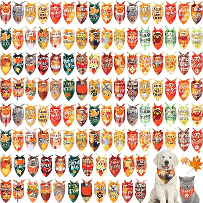 Sweetude 100 Pcs Fall Thanksgiving Plaid Dog Bandanas Bulk Thanksgiving Dog Scarf Bibs