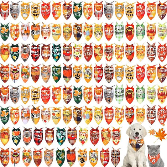 Sweetude 100 Pcs Fall Thanksgiving Plaid Dog Bandanas Bulk Thanksgiving Dog Scarf Bibs