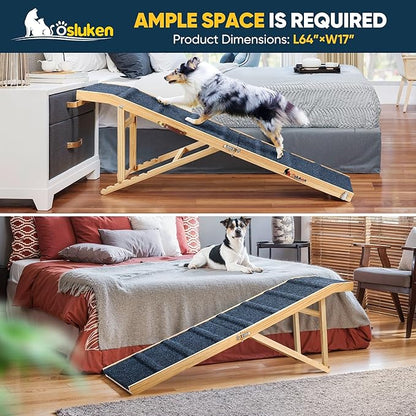 𝟮𝟬𝟮𝟰 𝐔𝐩𝐠𝐫𝐚𝐝𝐞𝐝 Dog Ramp for Bed, 64" Long Foldable Pet Ramp for Small Large Dogs Cats, Dog Ramps for High Beds Car, High Traction with Platform 6 Adjustable Heights 24" to 30" Up to 220LBS