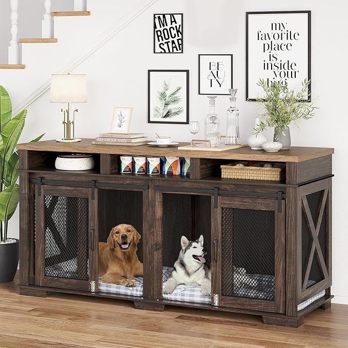 Dog Crate Furniture 71" Heavy 3 Storage 2 Dogs, 2 Sliding