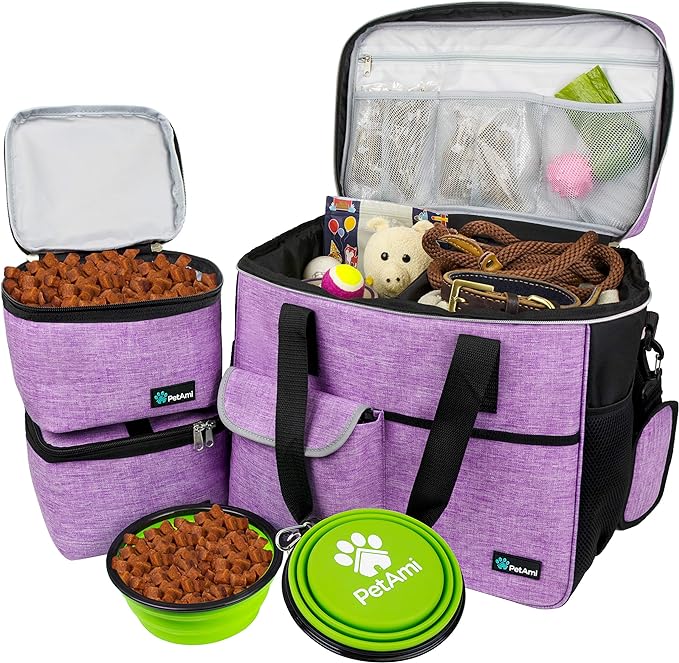 PetAmi Dog Travel Bag, Travel Pet Bag Organizer, Dog Food Travel Bag with Food Container and Bowls, Dog Travel Supplies Gift Accessories for Weekend Camping, Dog Cat Diaper Bag (Purple, Large)