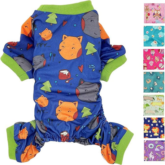Dog Pajamas Soft COTTON Blend Jumpsuit Cute Pet Clothes for Small Medium Pet (Dark Blue Forest 10", Chest 12" - 16")