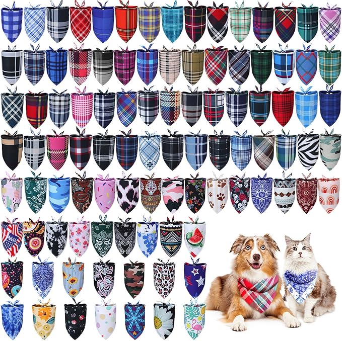 100 Pcs Plaid Dog Bandanas Pet Bandanas Bulk