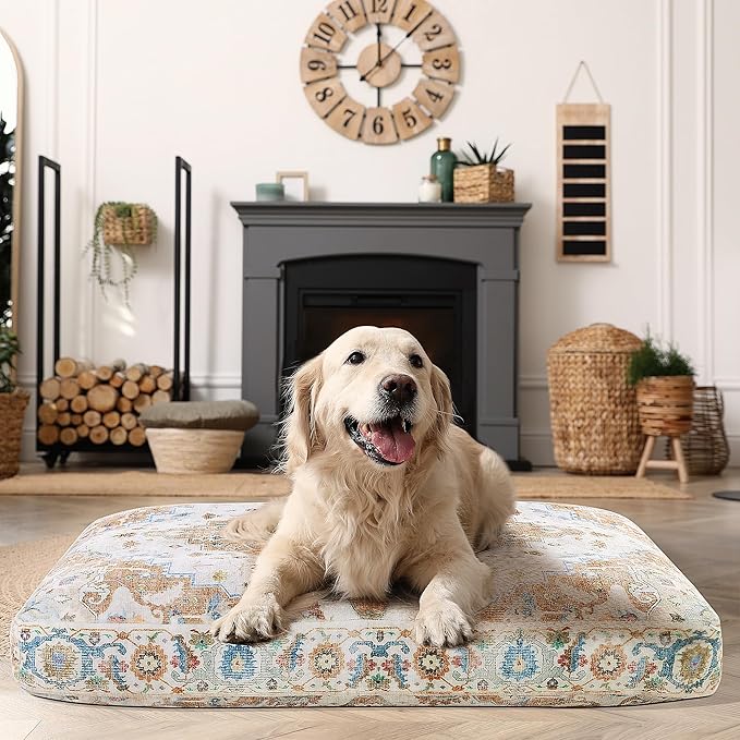 BALAPET Large Dog Bed Boho Style Soft Low-Pile Floral Dog Crate Beds High Density Foam Padded Pet Bed
