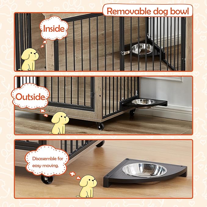 NicBex Dog Crate Furniture Dog Cage with Rotatable Feeding Bowl and 3 Doors