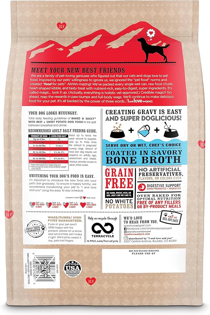 I AND LOVE AND YOU Baked and Saucy Dry Dog Food - Beef + Sweet Potato - Prebiotic + Probiotic, Real Meat, Grain Free, No Fillers, 4lb Bag