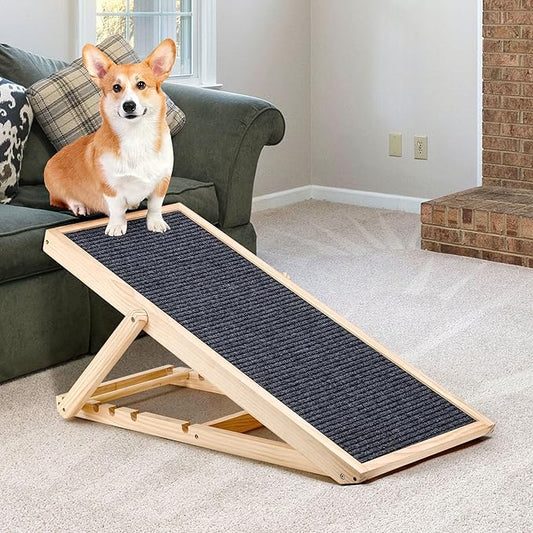 Adjustable Dog Cats Ramp, Upgraded Folding Portable Wood Pet Ramp for Small and Older Animals, 42" Long, Height from 14” to 26”, 200lbs Load Capacity, Lightweight Dog Car Ramps for SUV, Bed, Couch