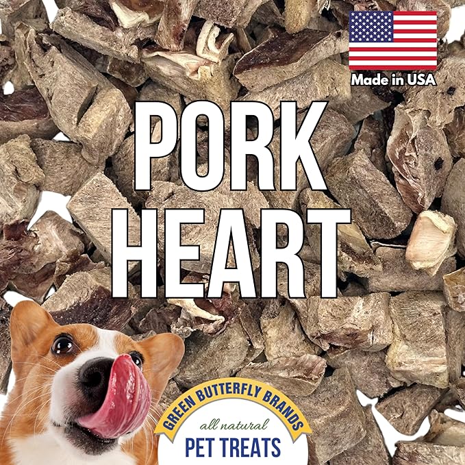 Freeze Dried Pork Heart Dog Treats Made in USA. All Natural Freeze-Dried Raw Snacks for Dogs and Cats. Single Ingredient. High Protein, Heart Health, Irresistible Training Treat