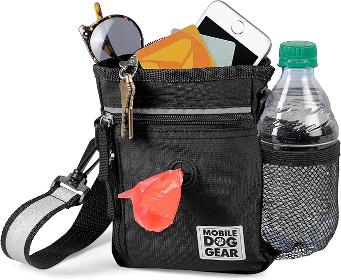 Mobile Dog Gear Dog Walking Fanny Pack (6"x7", Black) - Dog Training Treat Pouch with Poop Bag Dispenser & Bags, 2 Reflective Wrist Straps, Adjustable Shoulder Strap, Flashlight, Water Bottle Pocket