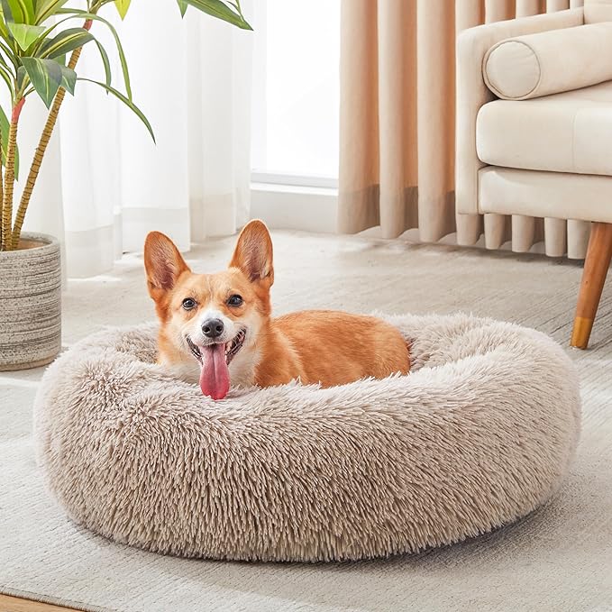 WESTERN HOME WH Calming Dog & Cat Bed, Anti-Anxiety Donut Cuddler Warming Cozy Soft Round Bed, Fluffy Faux Fur Plush Cushion Bed for Small Medium Dogs and Cats (20"/24"/27"/30")