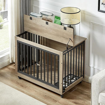 Okak Dog Crate Furniture Side Table Wooden Dog Crate with 2 Feeding Bowls on Casters Heavy-Duty Dog Kennel Indoor for Medium/Large Dog Opening,Grey,38.58" W
