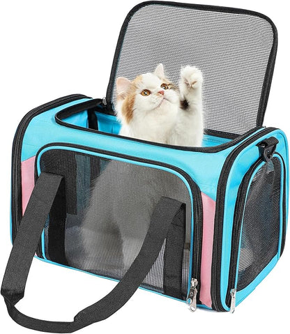 Cat Dog Carrier Up to 15 Lbs TSA Airline Approved Pet Carrier for Small Medium Cats Puppies Dog Carriers for Small Dogs Collapsible Soft Sided Cat Travel Carrier - Blue&Pink 15.7"x10.2"x10.2"