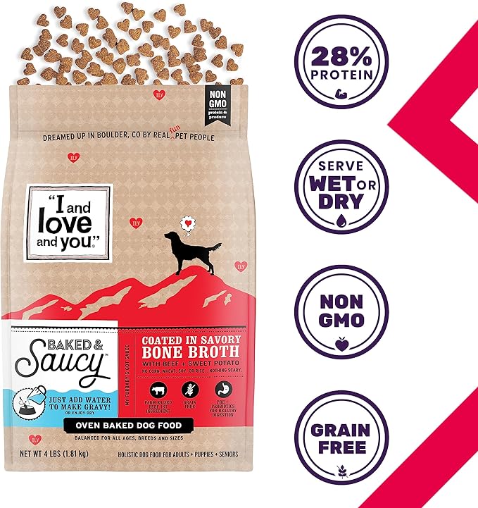 I AND LOVE AND YOU Baked and Saucy Dry Dog Food - Beef + Sweet Potato - Prebiotic + Probiotic, Real Meat, Grain Free, No Fillers, 4lb Bag