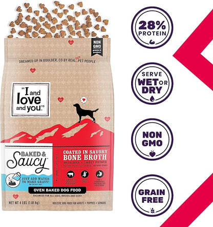 I and love and you Baked and Saucy Dry Dog Food - Beef + Sweet Potato - Prebiotic + Probiotic, Real Meat, Grain Free, No Fillers, 21lb Bag