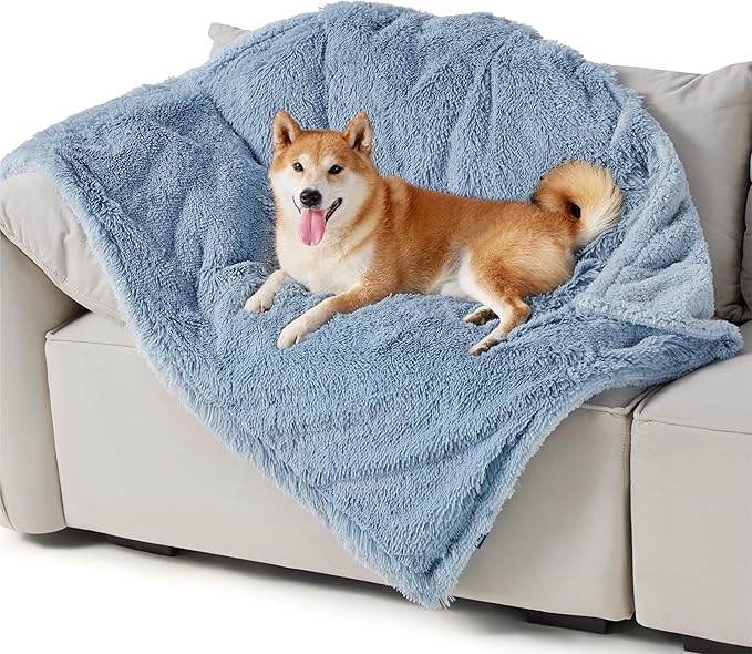 Bedsure Waterproof Dog Blankets for Large Dogs - Calming Cat Blanket for Couch Protector Washable, Long Faux Fur Pet Throw Blanket for Puppy, Reversible Furniture Protection, 40"x50", Blue