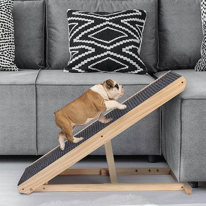 Wooden Adjustable Pet Ramp, Folding Portable Dog & Cat Ramp for Bed and Car, 4 Levels Height Adjustable Pet Ramp with Non-Slip Carpet Surface, Up to 176 Lbs/80kg