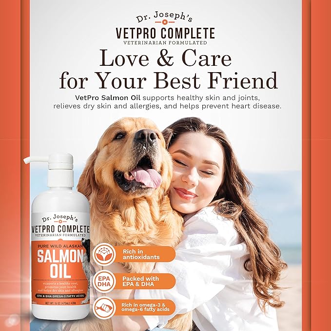 VetPro 100% Pure Wild Alaskan Salmon Oil Supplement for Dogs & Cats, 16 Ounces, Omega 3 & 6 Liquid Fish Oil, Supports Healthy Coat & Joints, Helps Dry Skin & Allergies, Add to Food